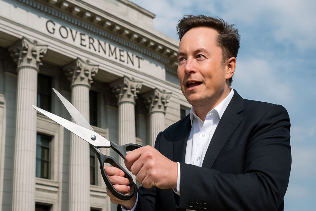 Elon Musk holding oversized scissors in front of a government building, symbolizing public sector downsizing.
