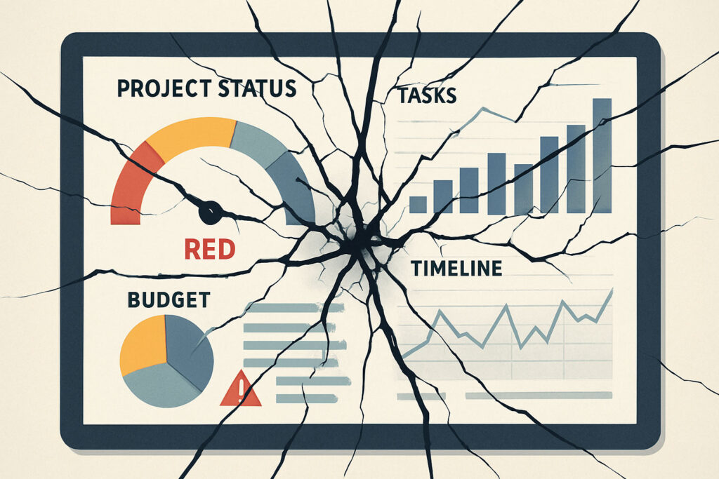 A cracked project dashboard resembling shattered glass, representing public sector project dashboard failures.