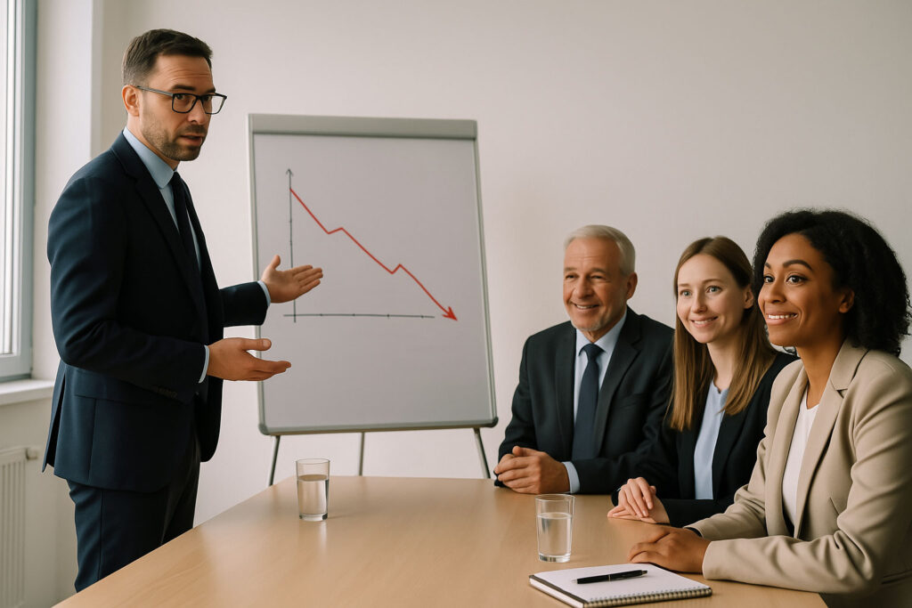 A man presenting a steeply declining graph to smiling colleagues, illustrating cultural blindness to failure in government projects.
