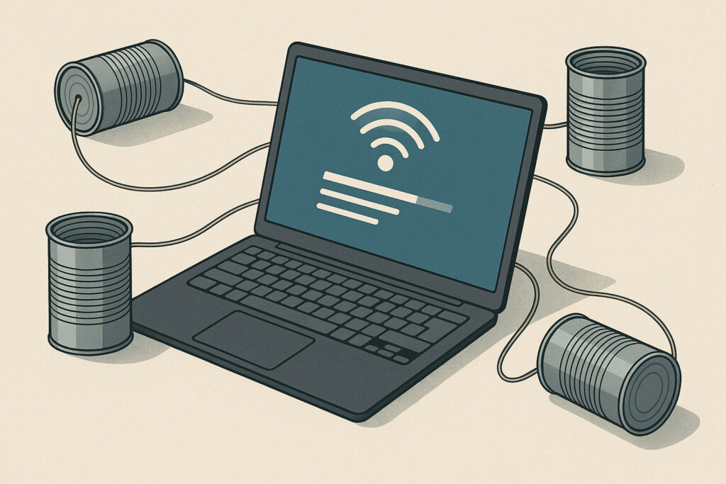 A laptop wired to tin cans, representing outdated or ineffective design in government software usability failure.