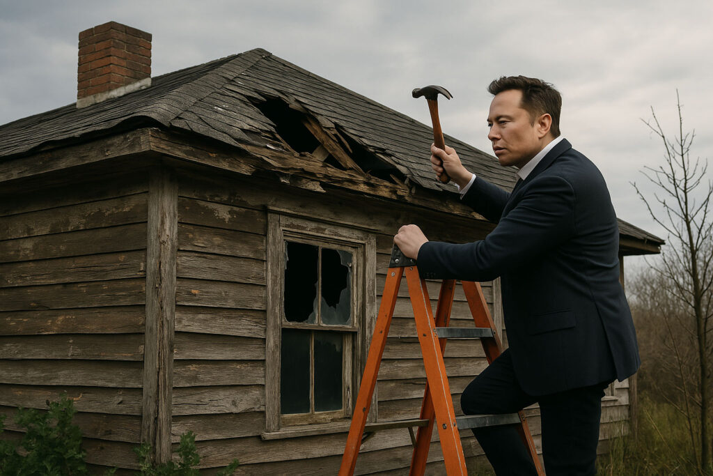 Elon Musk on a ladder with a hammer, representing the rushed and surface-level approach behind public sector transformation failure.
