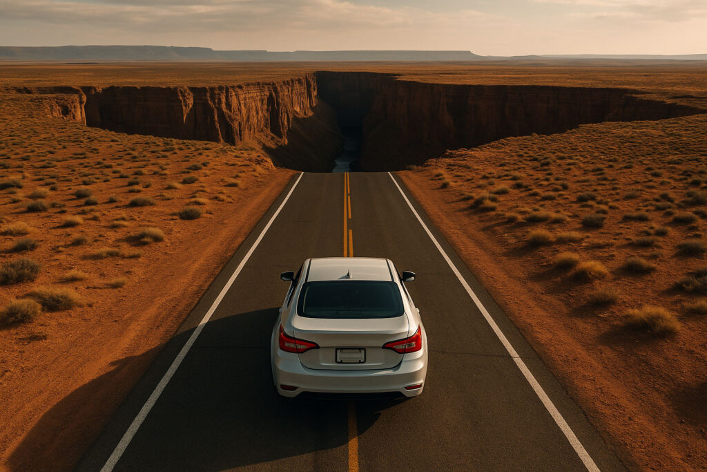 A high-angle photo of a car driving toward the edge of a vast canyon, symbolizing the consequences of public sector project planning failure.