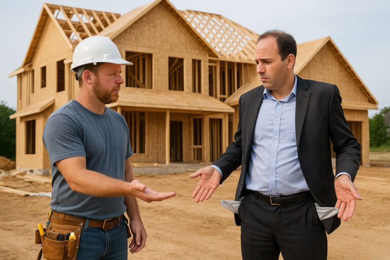 A contractor holds out his hand while a suited professional shows empty pockets, representing project dashboard red flags and hidden financial risks in project delivery.
