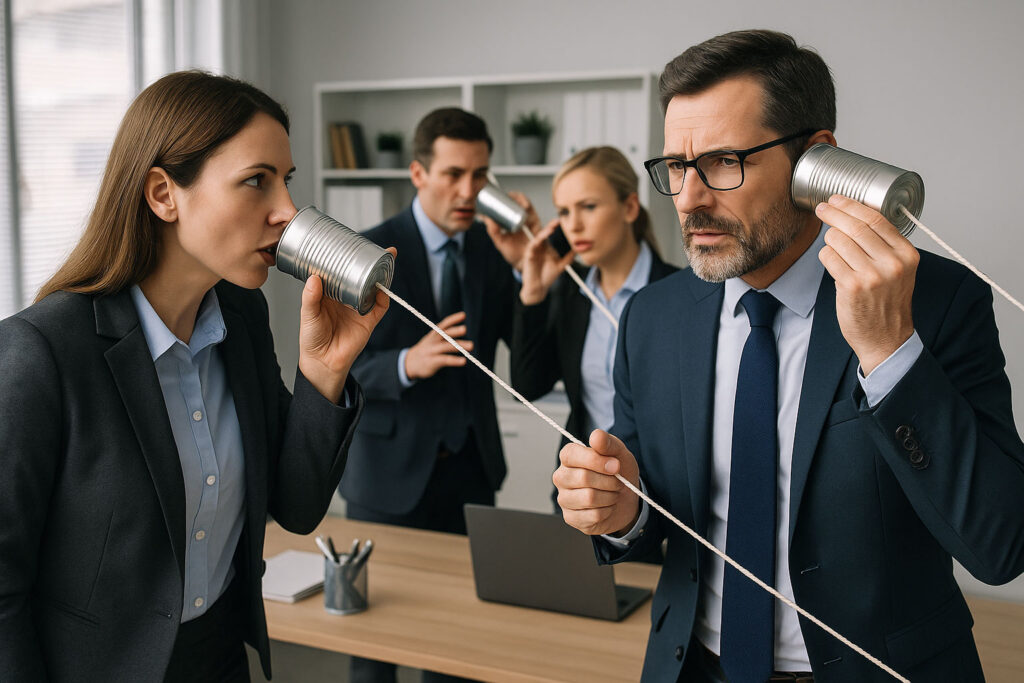 Office professionals using tin cans and string to communicate across a meeting table, illustrating process mapping failures and breakdowns in communication.