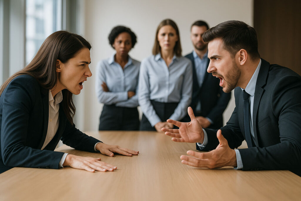 Two professionals in a heated argument across a boardroom table while colleagues look on uncomfortably, illustrating toxic leadership in the public sector and its impact on team dynamics.