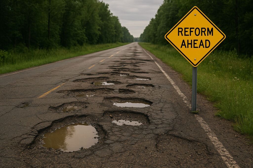 A rural road marked with a “Reform Ahead” warning sign, filled with visible potholes and cracks, symbolizing overlooked risks in government reform efforts.