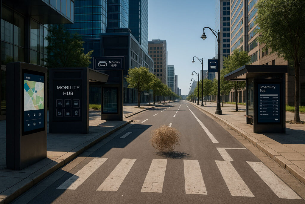 A modern urban street lined with smart kiosks, digital bus stops, and mobility hubs, but completely deserted. Tumbleweeds roll through the scene, symbolizing a smart city project failure where high-tech infrastructure was installed but never adopted by the public.