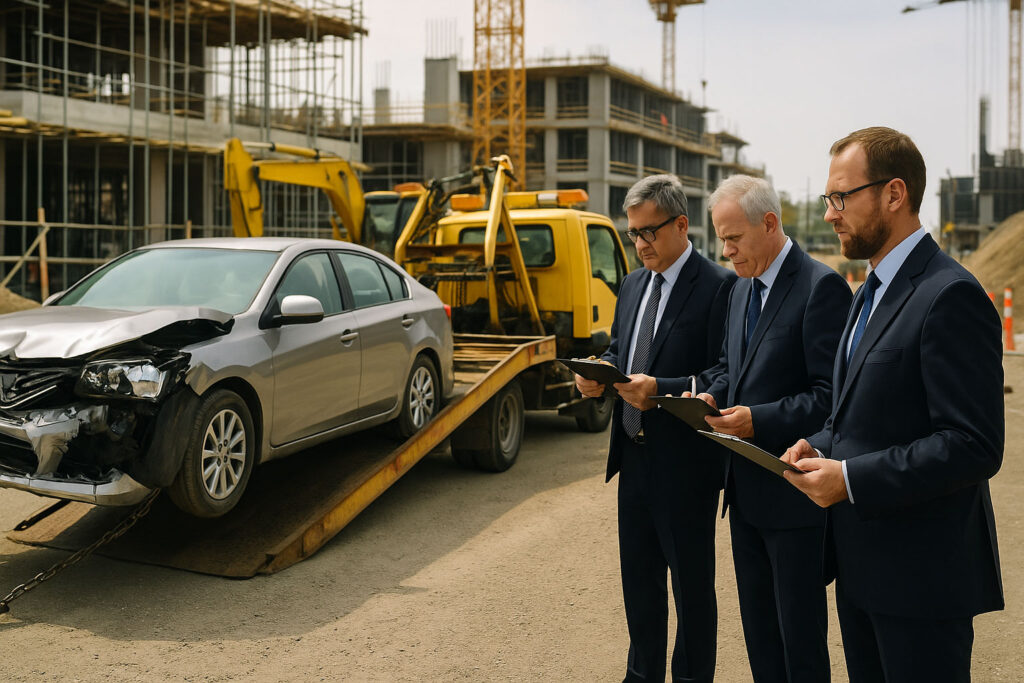 A crashed vehicle is being towed at a construction site while public sector officials in suits observe with clipboards, symbolizing the procedural response to project-ending risks after failure has already occurred.