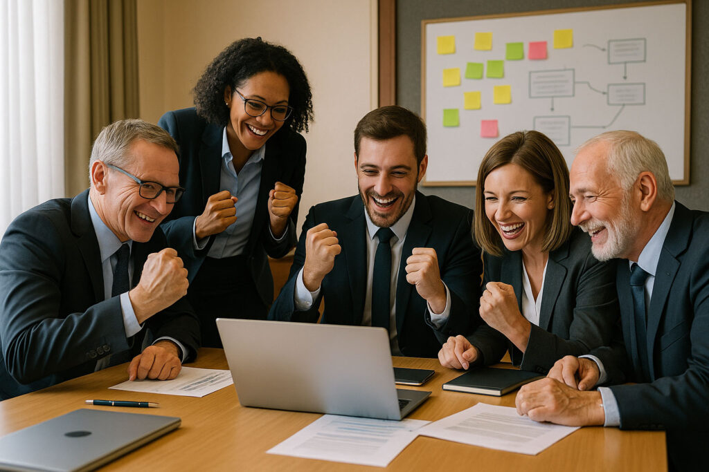 A group of professionally dressed public sector workers sit around a meeting table in a government office, actively engaged and reviewing documents together, conveying a strong project team culture built on collaboration, urgency, and shared problem-solving.