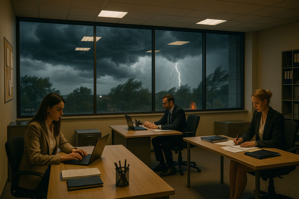 A public sector office with staff calmly working at desks, unaware of a severe storm visible through the floor-to-ceiling windows. Dark clouds, lightning, and wind-blown trees outside contrast with the calm interior, symbolizing unacknowledged strategic risk in the public sector.