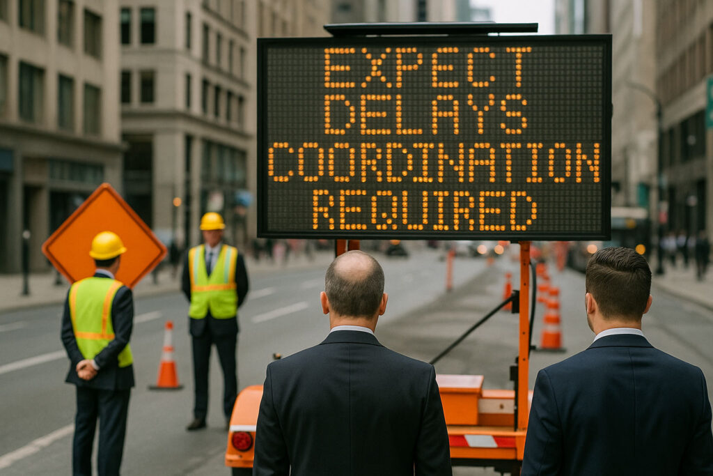 Construction workers in business suits stand beside a digital road sign reading “Expect Delays – Coordination Required,” symbolizing public sector collaboration challenges during summer infrastructure projects.