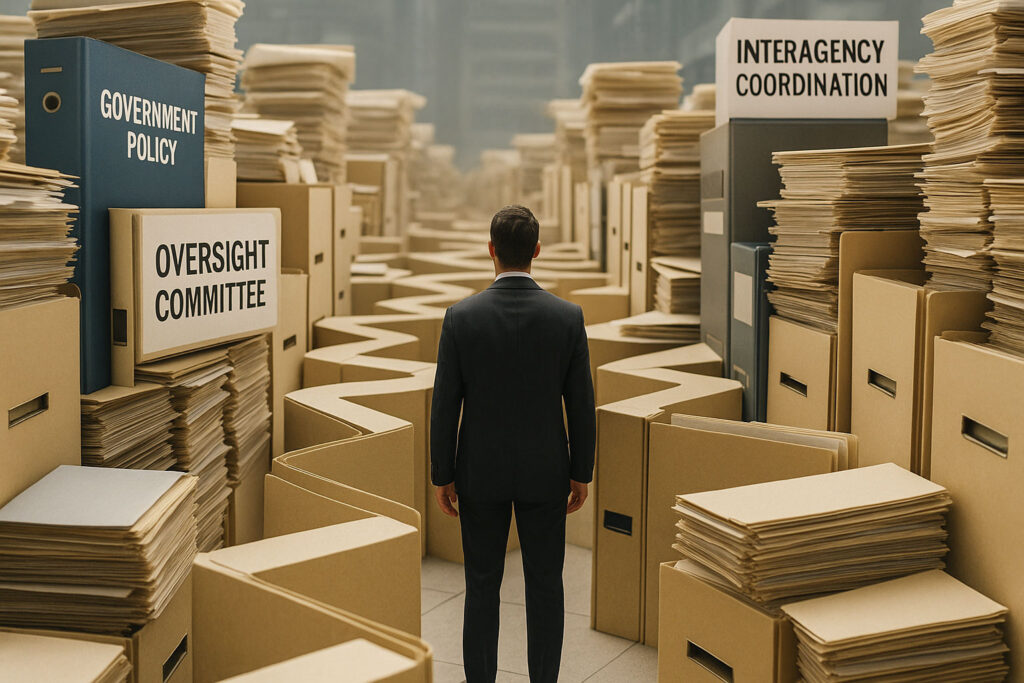 A suited professional navigating a maze built from government files and signs, representing the public sector project environment’s structural complexity.