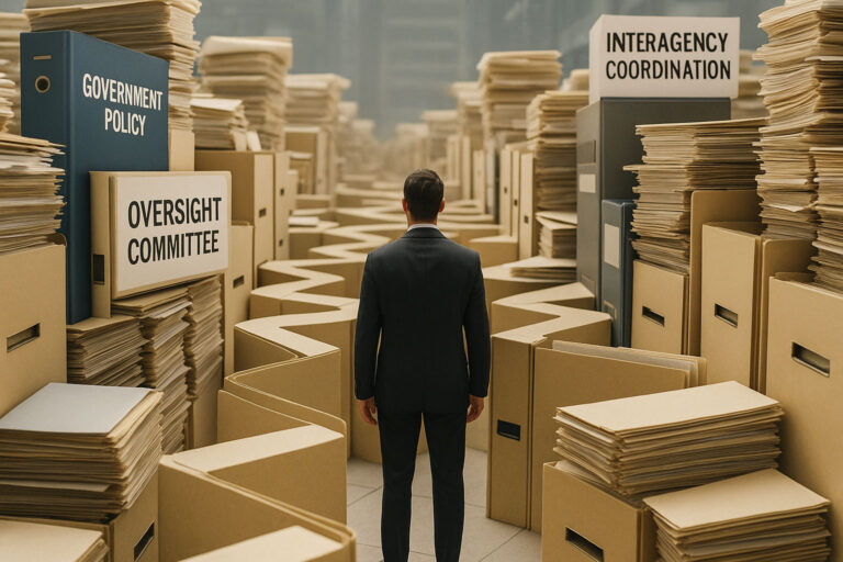 A suited professional navigating a maze built from government files and signs, representing the public sector project environment’s structural complexity.