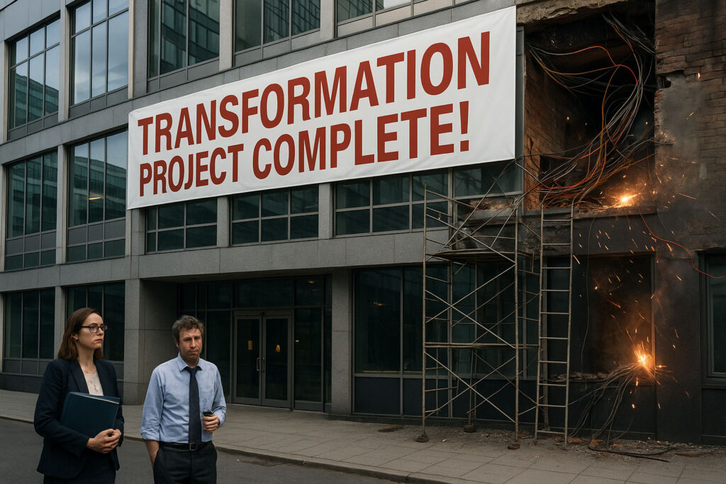 Office building with a “Transformation Project Complete” banner, hiding chaos behind the scenes — a visual metaphor for back-office transformation failure.