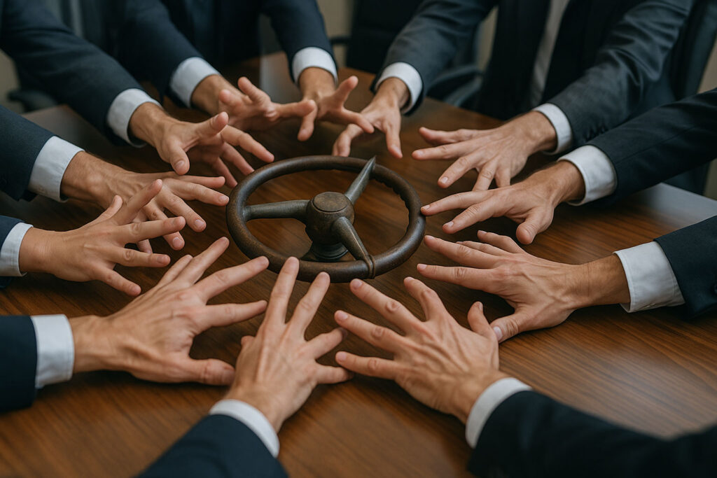 Dozens of hands reach for a single steering wheel on a conference table, symbolizing governance overload during a back-office transformation failure.