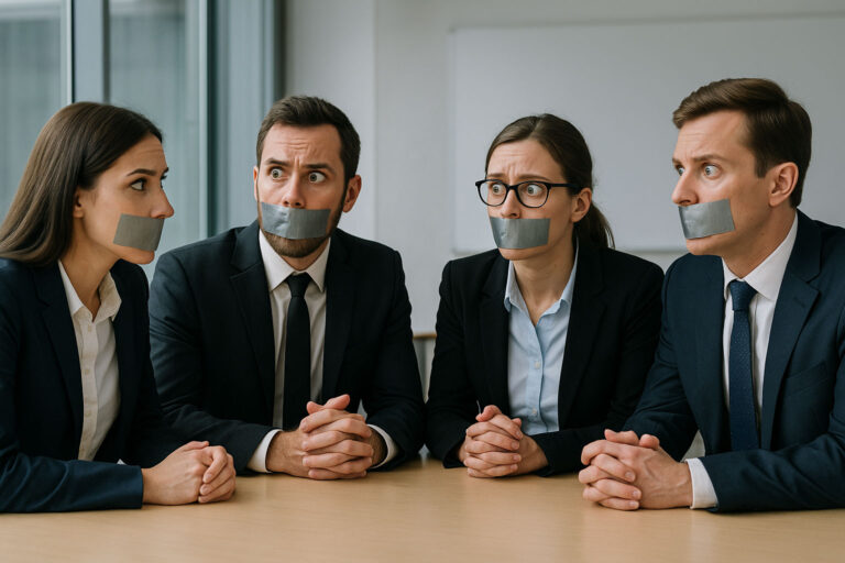 Four business professionals sit in a meeting room with duct tape over their mouths, exchanging anxious looks — a visual metaphor for the challenge of getting teams to speak up in public sector projects.