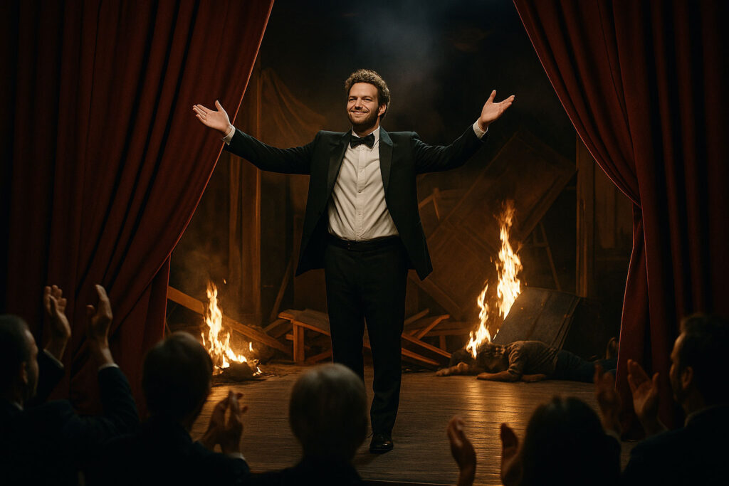 A public stage actor stands under a bright spotlight, arms raised, receiving enthusiastic applause from an unseen audience. Behind the curtain, in the dim shadows, stage props are toppled, some appear broken or scorched, and crew members lie injured or overwhelmed — symbolizing a project steering committee failure hidden by charismatic distraction.