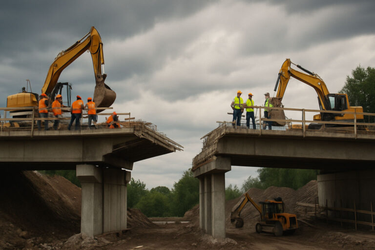 Two construction crews working from opposite ends of a bridge, with each side nearly complete but visibly misaligned, leaving a dramatic gap in the center. Symbolizes project failure due to program and IT misalignment.