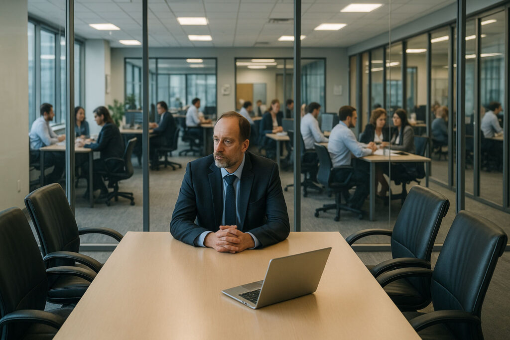 A public sector project leader sitting alone at a short boardroom table surrounded by empty chairs. Through the glass walls, multiple teams are visible in nearby offices, actively collaborating. The contrast highlights project leadership isolation within a busy public sector organization.