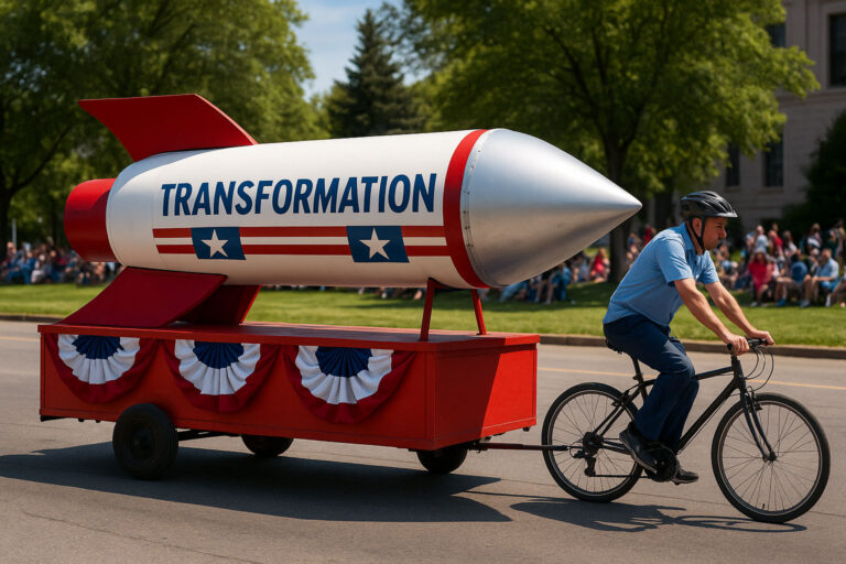 A parade float shaped like a large rocket labeled “Transformation,” decorated with patriotic streamers, being slowly pulled by a single person on a bicycle — symbolizing the imbalance between transformation vs delivery in government.