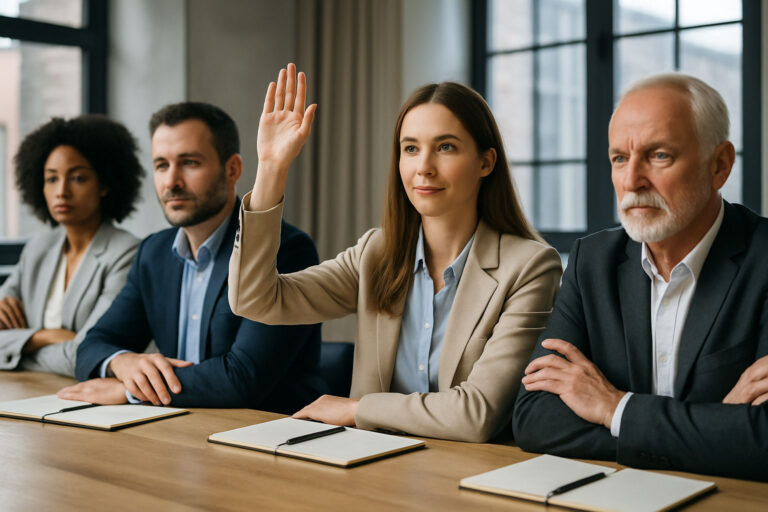 A diverse group of government professionals sits at a boardroom table with arms folded, while one individual raises their hand with a calm, hopeful expression — symbolizing the challenge of speaking truth to power in government projects.